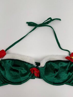 Cheap Thrills by Magic Silk Christmas Elf Green Velvet Halter Bra Top L/XL White